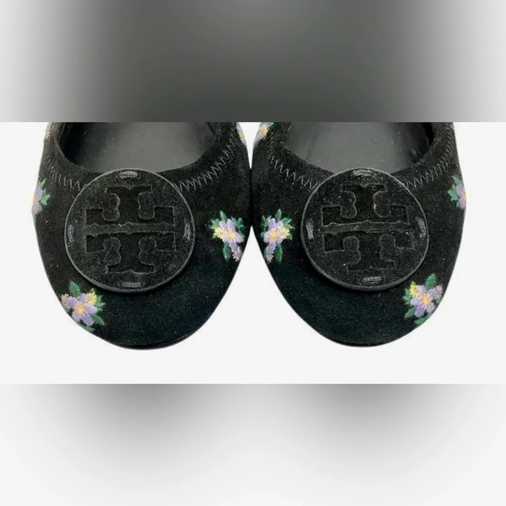 TORY BURCH Minnie Travel Flat Women 8 Black Daybreak Ditsy Floral Embroider Shoe